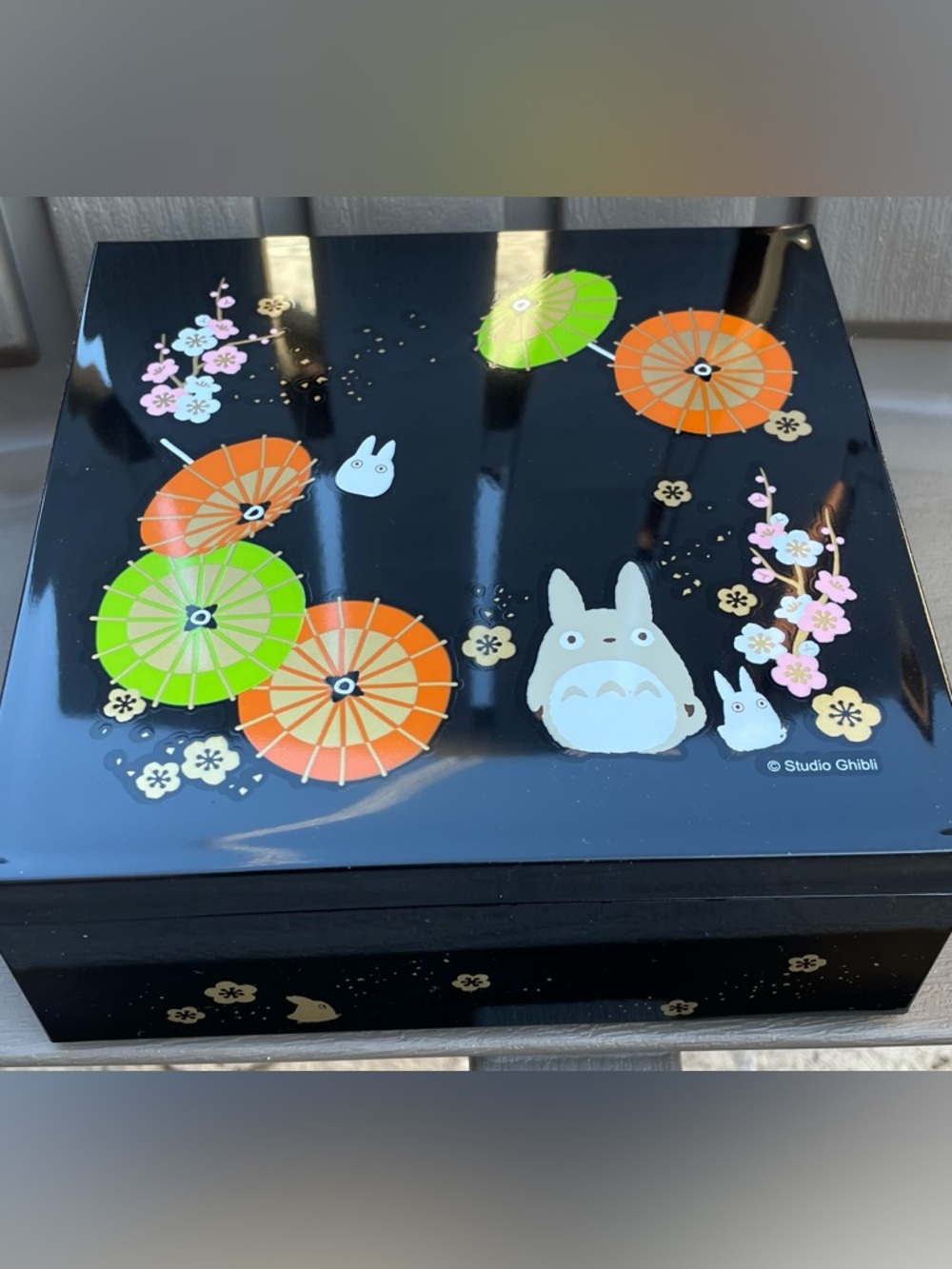 Studio Ghibli Totoro Black Lacquer Box with Colorful Umbrella Motif